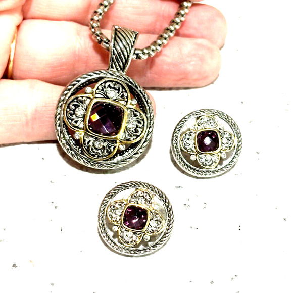 Fashion Jewelry Set Silver & Gold Necklace Pendant Pierced Earrings Purple Stone - Picture 7 of 9